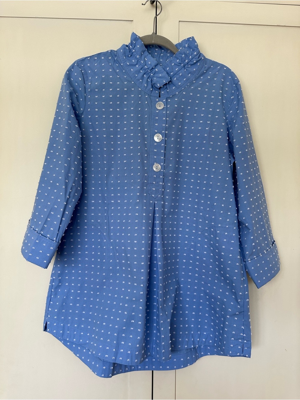 Appleseed’s Pin Dot Tunic Ruffle Collar 3/4 Sleeve Size M Blue Classic Chic